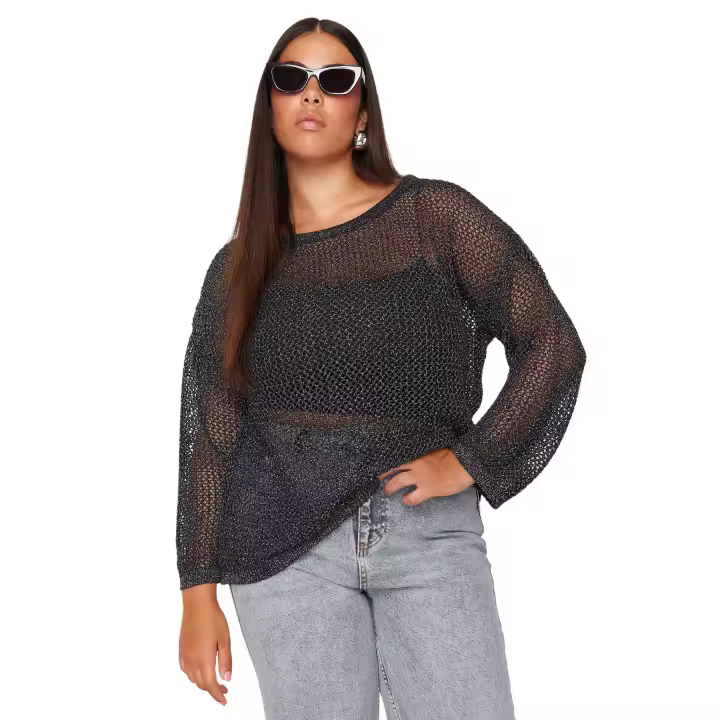 Trendyol Mink Glitter Boat Neck Openwork/Hole Knitwear Sweater Tbbss24An00006 - 1