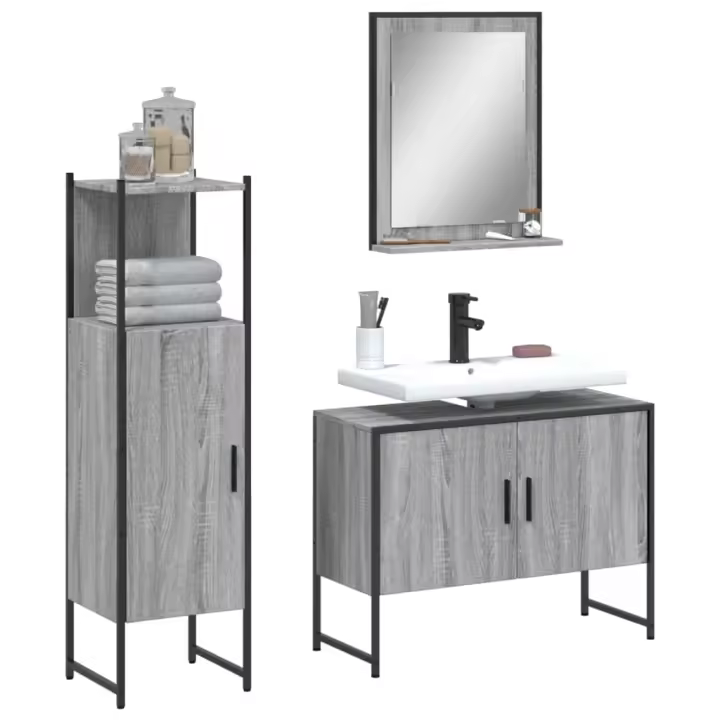 vidaXL Set de muebles de baño 3 piezas madera contrachapada en color Negro/Marrón roble/Roble ahumado y más | almacenamiento funcional diseño moderno para baño dormitorio sala - 1