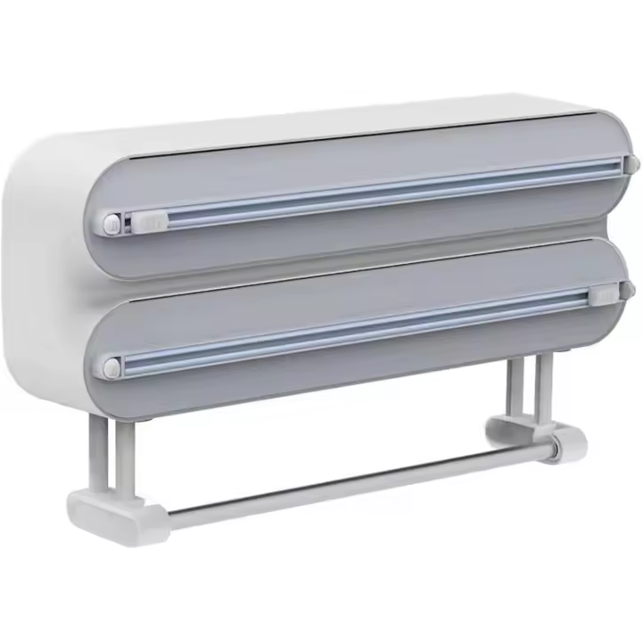 Dispensador de film transparente magnético, dispensador de papel de aluminio para cocina, 3 en 1, recargable, para montaje en pared, con soporte para toallas de papel para cajones de armarios de cocina del hogar - 1