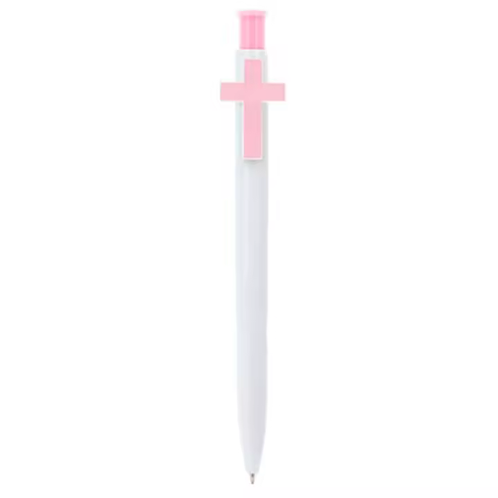 Boligrafo en PVC con pulsador en forma de Cruz en color Rosa o Azul. Con escritura en Azul. Medida 13,60 cm. Un regalos perfecto para dar como recuerdo a los invitados a una Primera Comunión o un Bautizo. - 1