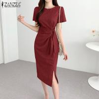 Vestido Bodycon Elegante De Verano ZANZEA Para Mujer Con Manga Corta Y Brecha En El Costado Vestido De Trabajo OL Con Cierre De Cremallera Y Decoración De Encaje Vestido Midi De Polyester - details 9