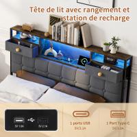 Cama de matrimonio 160x200 cm gris con almacenaje hidráulico, cabecero con cajones, luces LED RGB y carga USB-C - details 3