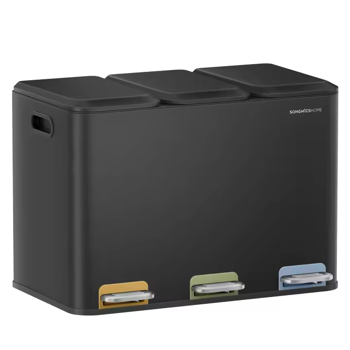 SONGMICS HOME Papelera de Cocina Triple, Cubo de Basura de 3 x 15 L con Pedales Codificados por Colores, Sistema de Separación de Residuos, con Tapas y Cubos Interiores, Acero, Negro/Plata Metálico Tinta/Blanco Nube - 1
