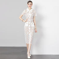 Vestido De Mujer Verano Corto Manga Tirantes Cuello Enrollado Blanco Lace-up Vestido De Oficina Lady Silueta Recta Midi Polyester - details 0
