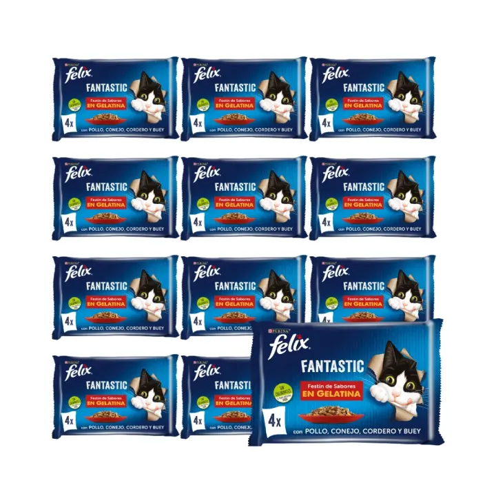 FELIX - Fantastic Gelatina (48x85 gr) - Comida Húmeda Festín de Sabores en Gelatina (Buey, Pollo, Conejo y Cordero) (12x4x85 gr) - 1