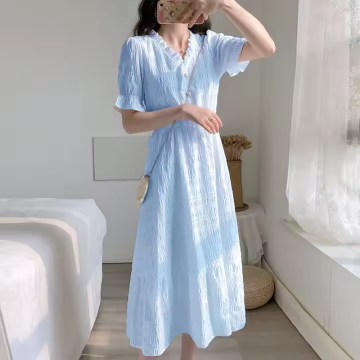 Vestido Blanco Azul Para Mujer Talla Grande Verano Manga Corta Estilo Coreano Retro Francés Slim Fit Ropa Femenina Casual - 1