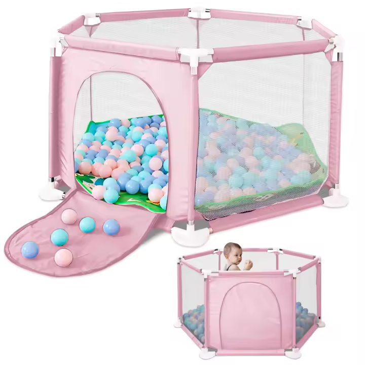 JUPPLIES Parque Infantil Bebe 127x127cm Hexagonal – Corralito Bebe con Malla Transpirable – Parque de Juegos Bebe Plegable con Puerta Lateral – Playpen Bebe - - 1