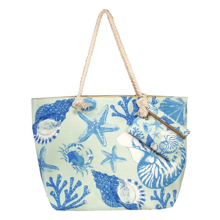 SUN & SURF Bolsa Playa Gran Capacidad con Cremallera 60x40x20cm y monedero a conjunto. Capazo Playa Verano. Asas Cuerda de Hombro. Bolsillos Interiores Cremallera - 1