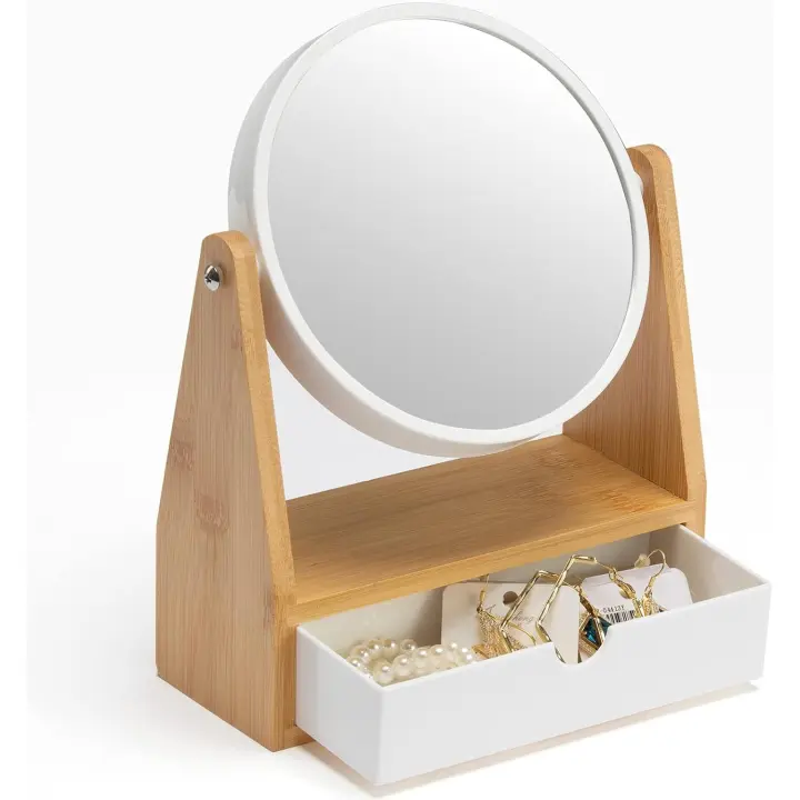 Espejo de maquillaje de tocador con soporte de bambú natural, espejo de mesa pequeño portátil para escritorio (redondo) - 1