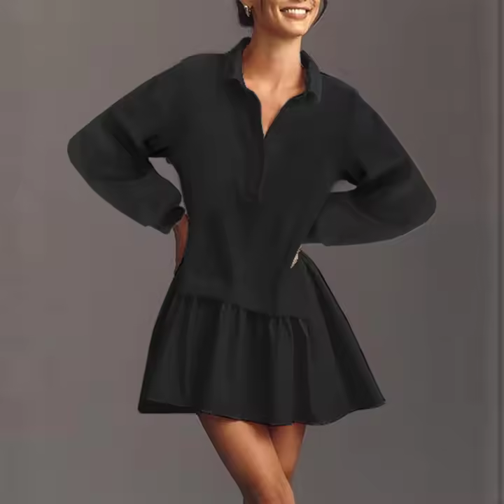 Vestido Mini De Estilo Perezoso Y Cómodo Con Botones Manga Larga Cuello En V Patchwork Casual Para Mujer Vestido Largo - 1