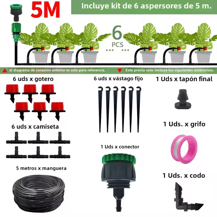 Kit De Riego Por Drip Para Jardín 5-50M Sistema Automático De Riego Para Plantas Bonsái Maceta Césped Flores Verduras Invernadero Con Boquillas 1/4'' - 1