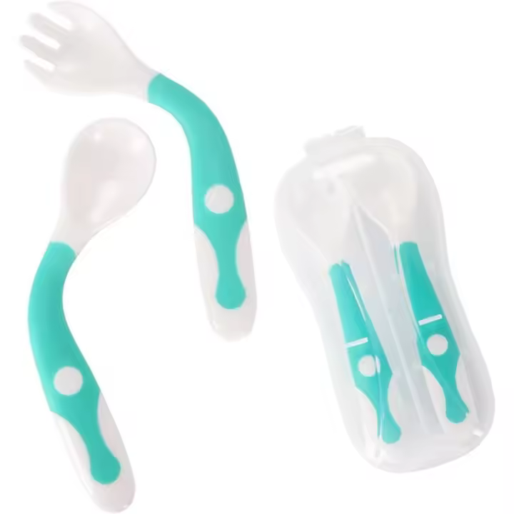 Juego de cucharas y tenedores para bebés con estuche de viaje, cucharas de entrenamiento para niños, de fácil agarre, resistentes al calor, flexibles y de aprendizaje (juego de 2) - 1