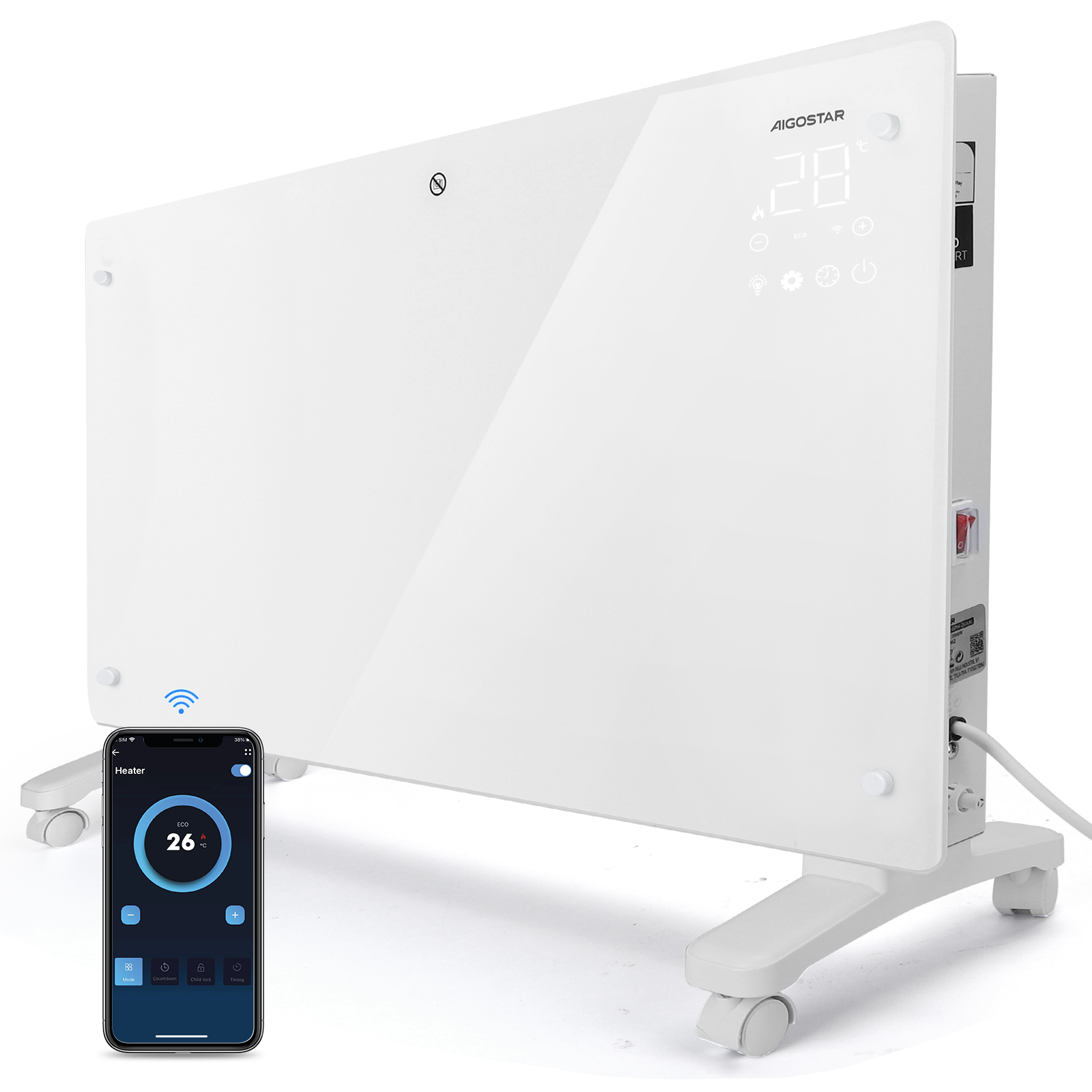 AIGOSTAR Calefactor Bajo Consumo,Convector Eléctrico Panel de Vidrio Ultra Fino. Conexión Wi-Fi, Temporizador de 24 h, 3 modos, Pantalla LED Táctil. Programable. (2000W - WIFI)