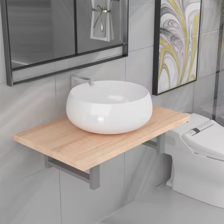 vidaXL Conjunto de muebles de baño 2 piezas cerámica roble en color Marrón/Blanco/Gris y más | almacenamiento funcional diseño moderno para baño dormitorio sala - 1