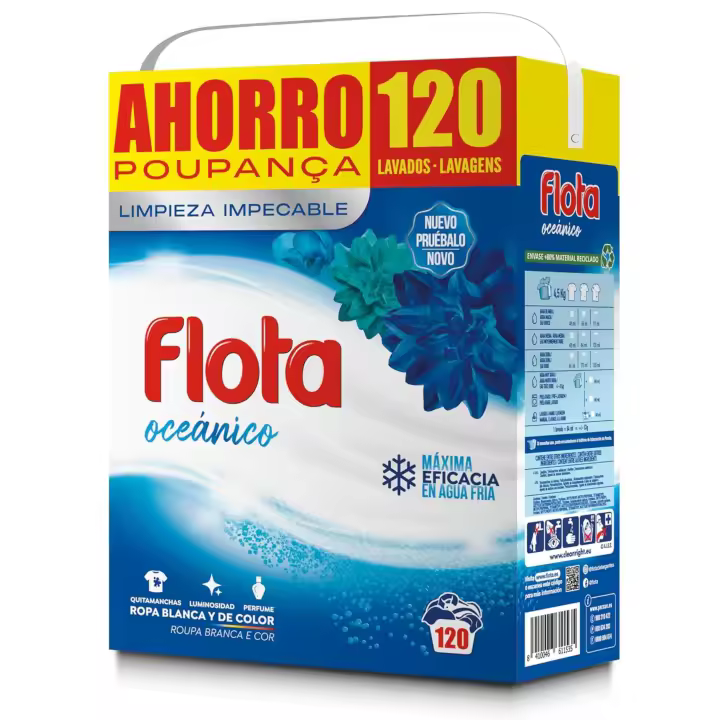 FLOTA Detergente Lavadora en Polvo Oceánico 120 lavados - Ropa Blanca y de Color - Antimanchas y Antiolores - 1