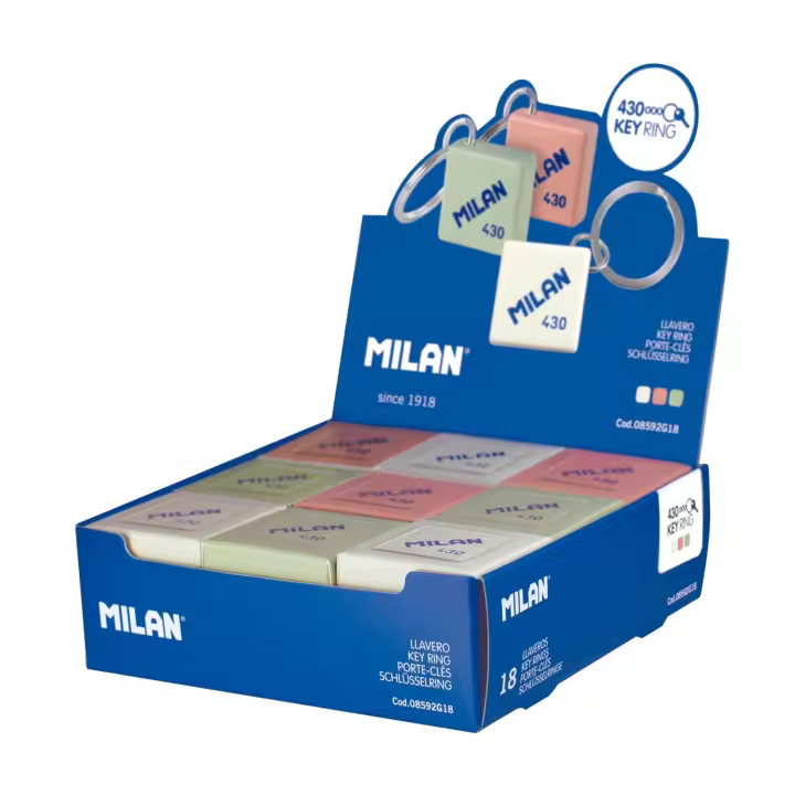 MILAN - Caja con 18 Llaveros con la Forma de la Icónica Goma de Borrar MILAN 430 - 1
