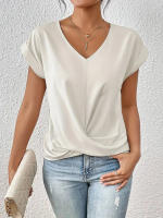 Camiseta de cuello en V lisa - Elegante blusa de manga corta para mujer (Primavera/Verano) - details 1