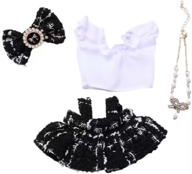 Ropa para muñecas de 17 cm, adecuada para muñecas Labubu de 17 cm, accesorios, conjunto negro sentado, 1 lazo, 1 camisa - 1