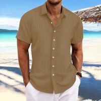 Camisa Casual De Hombre De Algodón Y Lino Con Rayas Jacquard Verano Cómoda Corta Color Sólido Moda Cierre Único Estilo Turn-down Collar - details 12