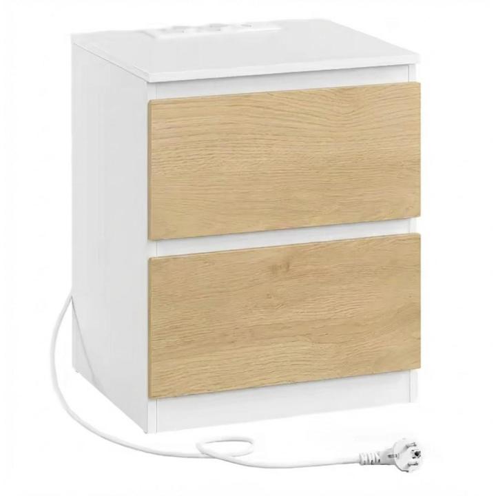 ORION91oficial® - Mesita de Noche con Regleta de Enchufes, Mesa Auxiliar, 2 Cajones, 2 Tomas AC, 2 Puertos USB-A, Salón, Dormitorio | Color Blanco/Roble - spaziOrion91