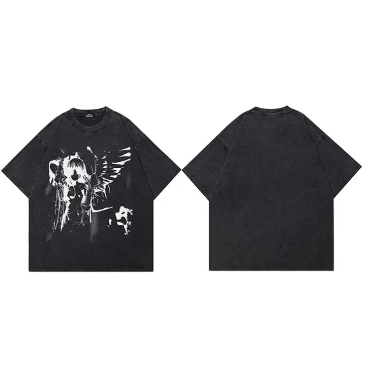 Camiseta Negra Lavada Para Hombres Harajuku Streetwear Anime Dibujos Animados Ángel Niña Estilo Hip Hop Cuello Redondo Manga Corta Primavera Verano - 1