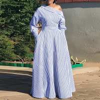 VONDA Vestido Maxi Elegante Para Mujer 2024 Con Rayas Bohemio Casual Manga Larga Hombro Descubierto Sin Capucha Fiesta Longitud Del Vestido Hasta El Tobillo - details 3