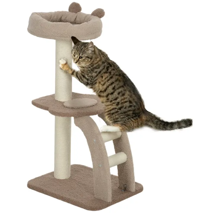 PawHut Árbol Rascador para Gatos Altura 88 cm Árbol para Gatos Torre para Gatos con Nido Plataformas Bola Colgante Escalera y Poste de Sisal Café - 1