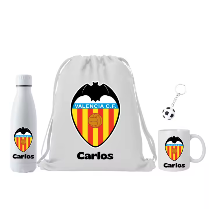 Lote Valencia CF Mochila + Botella termo acero700ml + taza cerámica 350ml - (DEJAR NOMBRE EN CHAT O NOTAS) Escudo Valencia CF + nombre - Regalo - Regalo para fans de futbol - 1