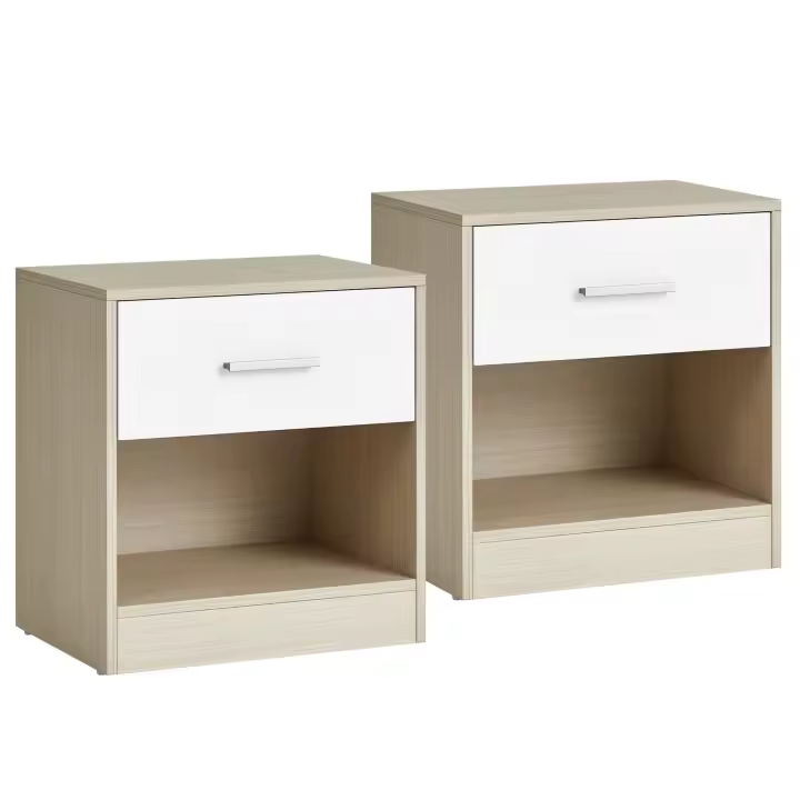 VASAGLE Juego de 2, Mesita de Noche, Mesa Auxiliar con Cajón, Asa, Compartimento Abierto, para Dormitorio, Salón, Blanco Clásico/Beige Natural y Blanco Clásico/Negro Clásico - 1