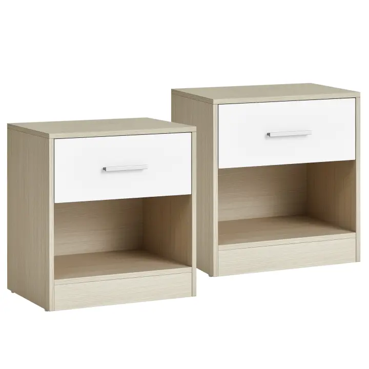 VASAGLE Juego de 2, Mesita de Noche, Mesa Auxiliar con Cajón, Asa, Compartimento Abierto, para Dormitorio, Salón, Blanco Clásico/Beige Natural y Blanco Clásico/Negro Clásico - 1