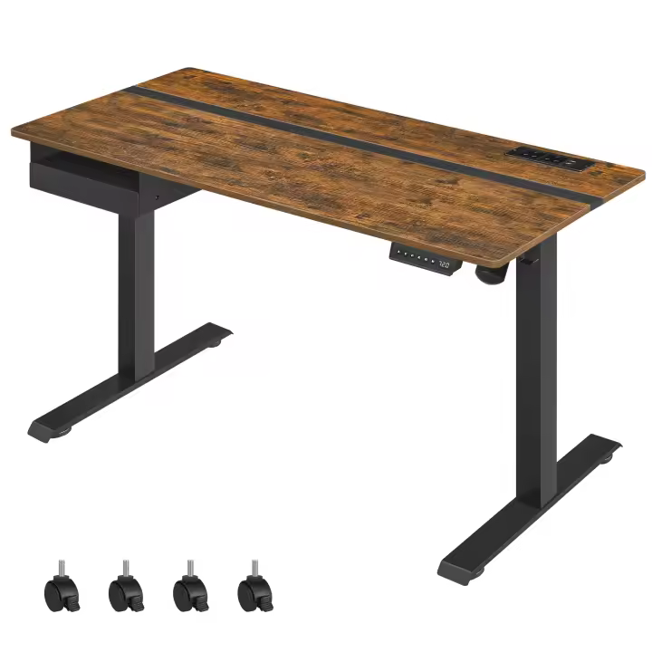 VASAGLE Escritorio Regulable en Altura, Mesa Regulable, Enchufe y Cajón, 60 x 140 cm de Encimera, Ajuste Continuo, 4 Funciones de Memoria de Altura, Negro/Roble Natural y Blanco Nube/MarrÓn RÚstico y Negro/Gris y Negro/Blanco - 1