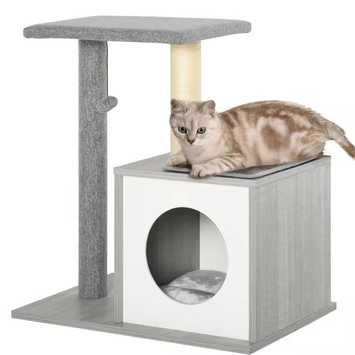 PawHut Árbol para Gatos 59x39x62 cm Rascador para Gatos de 3 Niveles con Plataformas Postes de Rascado Cueva de Madera Espaciosa Cojines Extraíbles Suaves Bola de Juguete Gris - 1