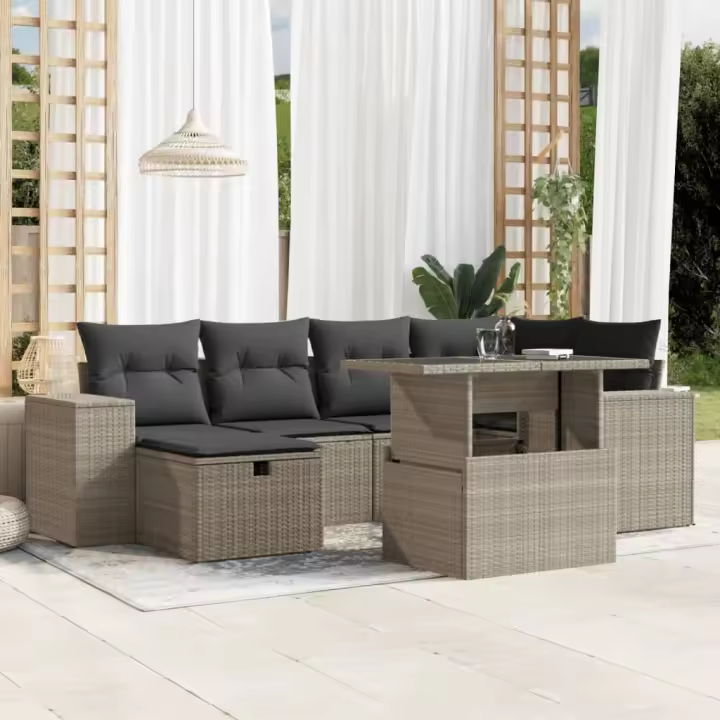 vidaXL Set de sofás de jardín 7 pzas con cojines ratán PE gris claro - 1