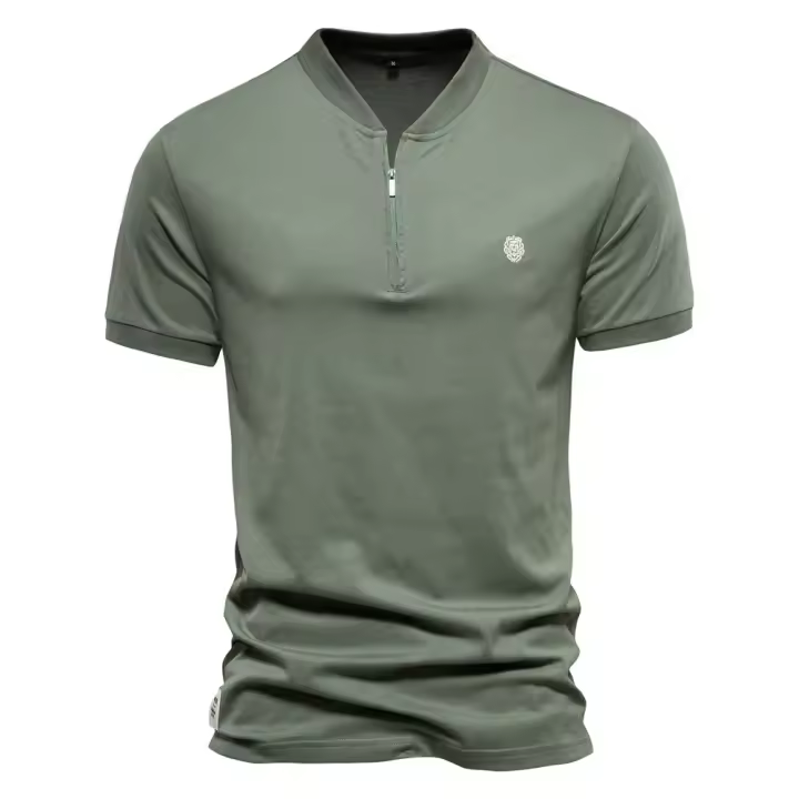 Nueva camiseta de manga corta de algodón puro con cuello en V y cremallera para hombre, camiseta deportiva bordada de color sólido para hombre - 1