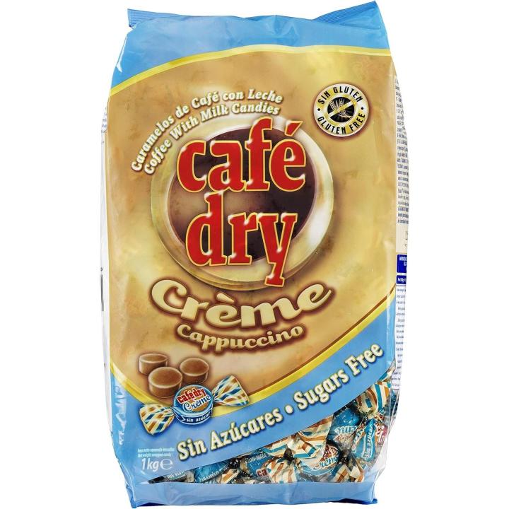 Caramelos de Café con Leche Cremosos sin Azúcar, 1 kg Bolsa con Aproximadamente 285 Unidades, Sin Gluten, Edulcorante Isomalt y Nata, Marca Cafe Dry Creme Cappuccino