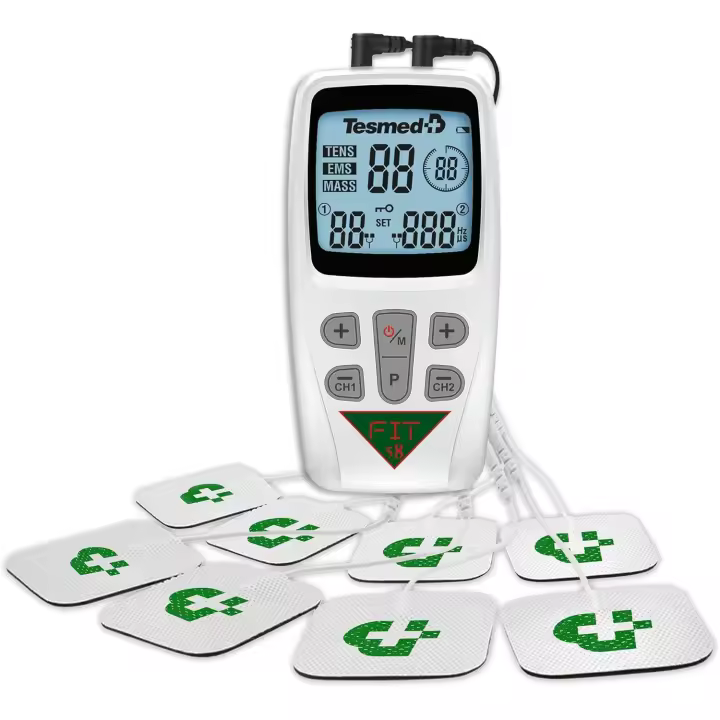TESMED Fit 5,8 Electroestimulador Muscular para EMS, TENS, Masaje (3 en 1), 22 Programas de los cuales 6 Personalizables, Aliviar El Dolor y Estimular Abdominales, Glúeos, Pecturales - 1