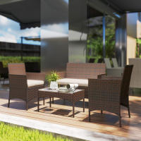 Outsunny Conjunto Jardín Exterior de Ratán con Cojines Conjunto Terraza Resistente a la Intemperie Muebles Jardín Exterior con 2 Sillones Sofá de 2 Plazas Mesa con Cristal Marrón - details 1