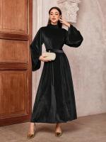 Vestido Maxi Skinny Pleuche Para Mujer Elegante De Noche Con Cinturón Manga Larga Estilo Árabe Islámico A-LINE O-Neck Casual - details 4