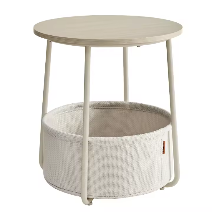 VASAGLE Mesa Auxiliar, Mesa Lateral Redonda con Cesta de Tela, Espaciosa, para Salón, Dormitorio, Mesita de Noche, Estilo Moderno, Blanco Mate y Marrón Camello/Azul Pálido y Azul Hielo/Beige Natural y Blanco Crema/Gris Cemento y Blanco Crema/Negro Ébano y - 1