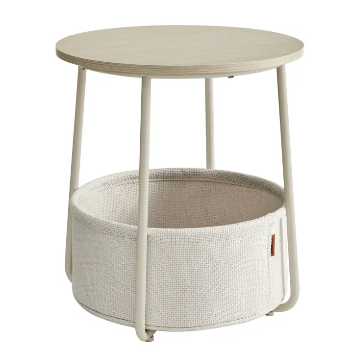 VASAGLE Mesa Auxiliar, Mesa Lateral Redonda con Cesta de Tela, Espaciosa, para Salón, Dormitorio, Mesita de Noche, Estilo Moderno, Blanco Mate y Marrón Camello/Azul Pálido y Azul Hielo/Beige Natural y Blanco Crema/Gris Cemento y Blanco Crema/Negro Ébano y - 1