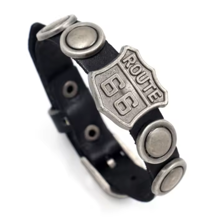 Pulsera Ruta 66 de Cuero  Moteros Correa en Piel Genuina USA Regulable para Hombre y Mujer - 1