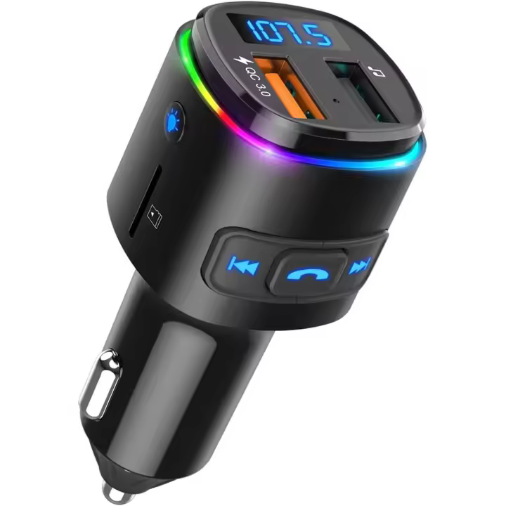 Transmisor FM Bluetooth para Coche,Reproductor MP3 Adaptador Receptor con QC3.0 Cargador, Manos Libres para Coche, 7 Colores de Luz RGB - 1