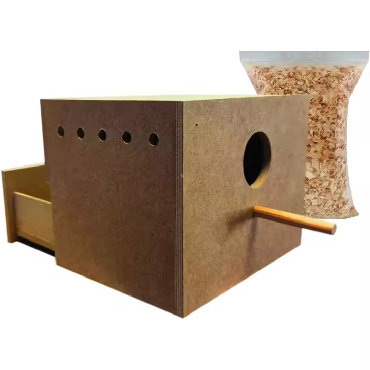 nestQ Nido Grande con Cajon para Periquitos Y Agapornis de Madera con Cama de Viruta y Enganches para Jaulas, Casita de Cría para Pájaros, Nidal para la Jaula de Aves 20cm x 15,5cm x 16cm - 1