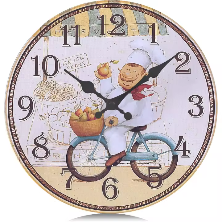 Reloj de pared de Cocina vintage de Madera de 30 cm, Silencioso, sin Tictac, para chef, Decoración Retro Amarilla para Comedia y Sala de estar. - 1