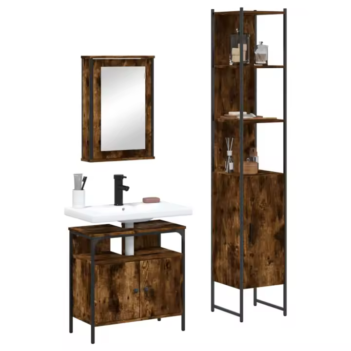 vidaXL Set de muebles de baño 3 pzas madera contrachapada en color Gris sonoma/Roble ahumado/Negro | almacenamiento funcional diseño moderno para baño dormitorio sala - 1