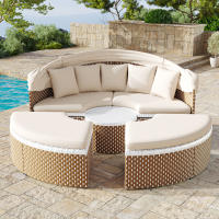 Conjunto Sun Island de Jardín en Ratán Tejido | Tumbona en Forma de Concha + Mesa Elevable with Toldo Retráctilla UV50 + | Diseño Beige Clásico | Incluye Todo El Juego: 2 Sillas, Mesa y Accesorios - details 0