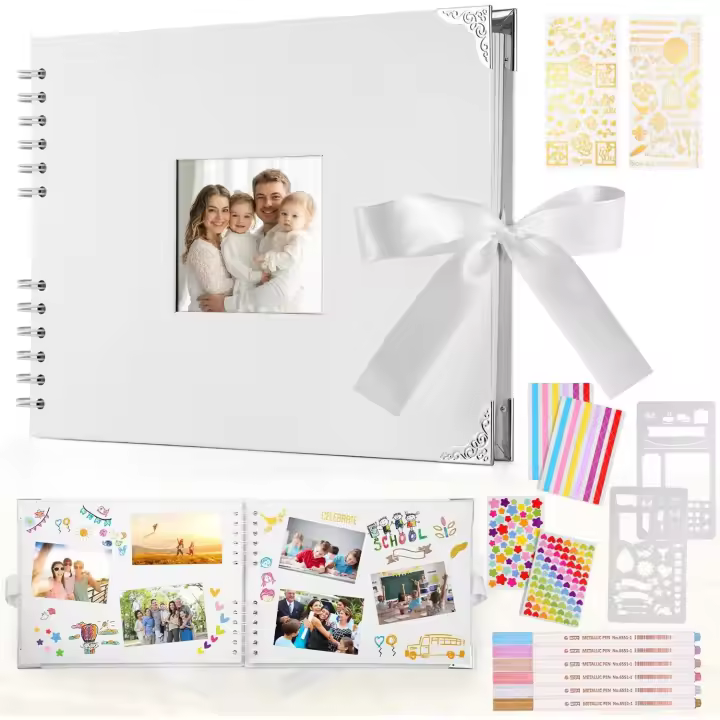 Fotos Scrapbook 29,5 X 21cm  Fotos Para Pegar Y Escribir, Libro de Firmas 80 Páginas, 40 Hojas, Con 6 Bolígrafos Metálicos, Albunes para Fotos Cumpleaños Y Bodas (Blanco) - 1