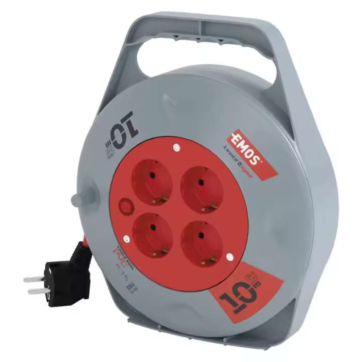 EMOS Tambor para Cables de 10 m, 4 enchufes, 2300 W, Interruptor térmico, 230 V, Gris/Rojo - 1