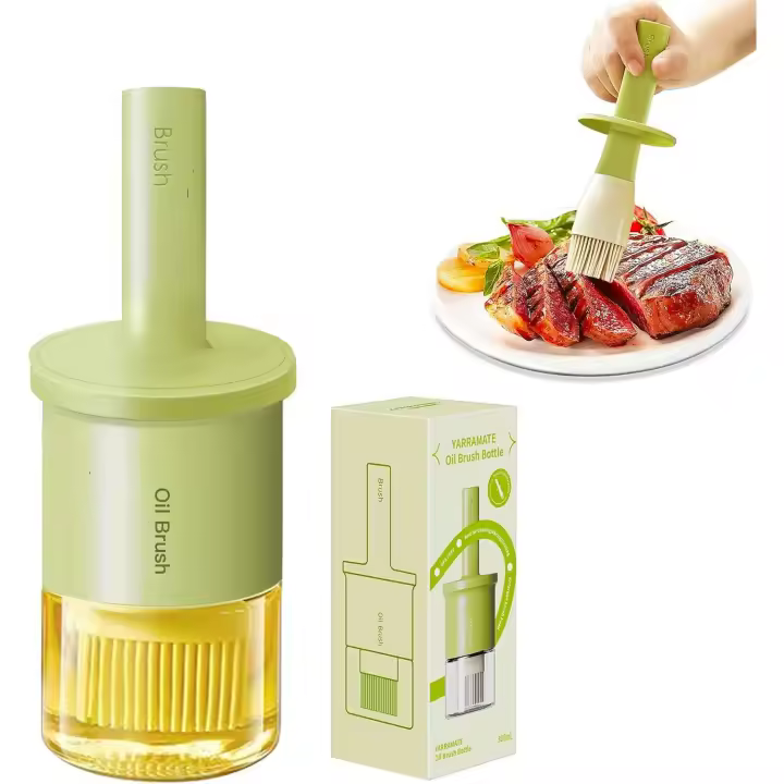 YARRAMATE Botella dispensadora de aceite con cepillo resistente al calor, dispensador de aceite de vidrio para cocina, recipiente de aceite con cepillo de silicona para untar(Blanco Cremoso) - 1