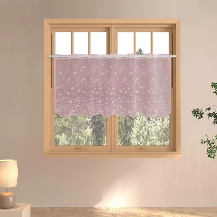 Cortina De Cocina Americana Rosa En Lace Cortina Corta No Perforada Translúcida De Poliéster Para Decoración De Hogar Y Café - 1